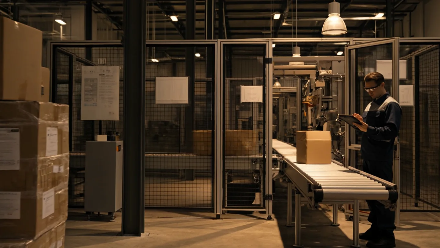 Illustrative operations specialist checking a guarded production line