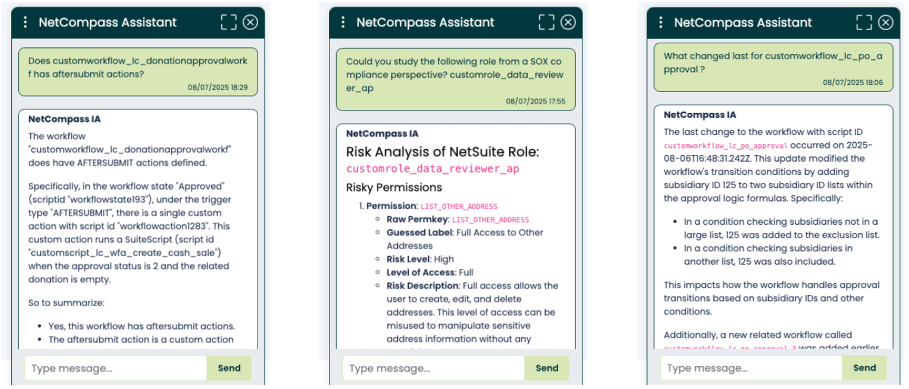 NetCompass AI Assistant answering questions about NetSuite workflows, compliance roles, and recent changes