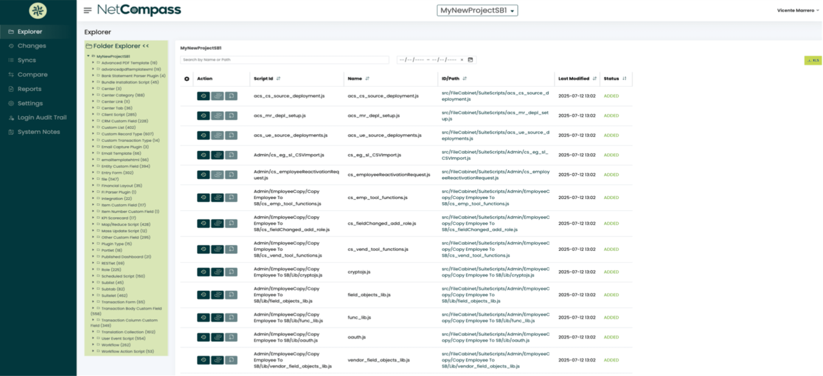 NetCompass Dashboard — Explorer view showing folder tree and customization inventory