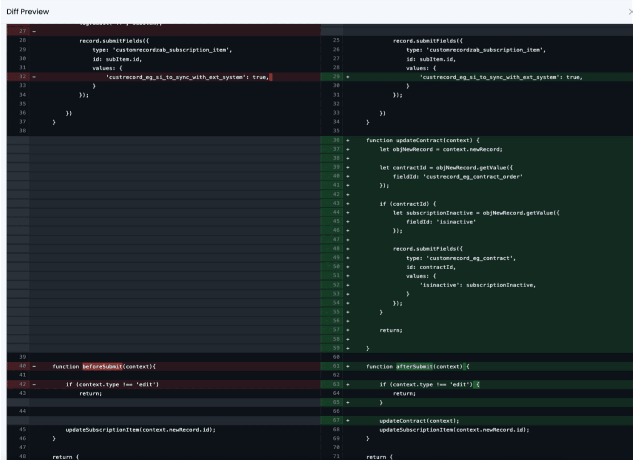 NetCompass change tracking showing line-by-line code diff between versions