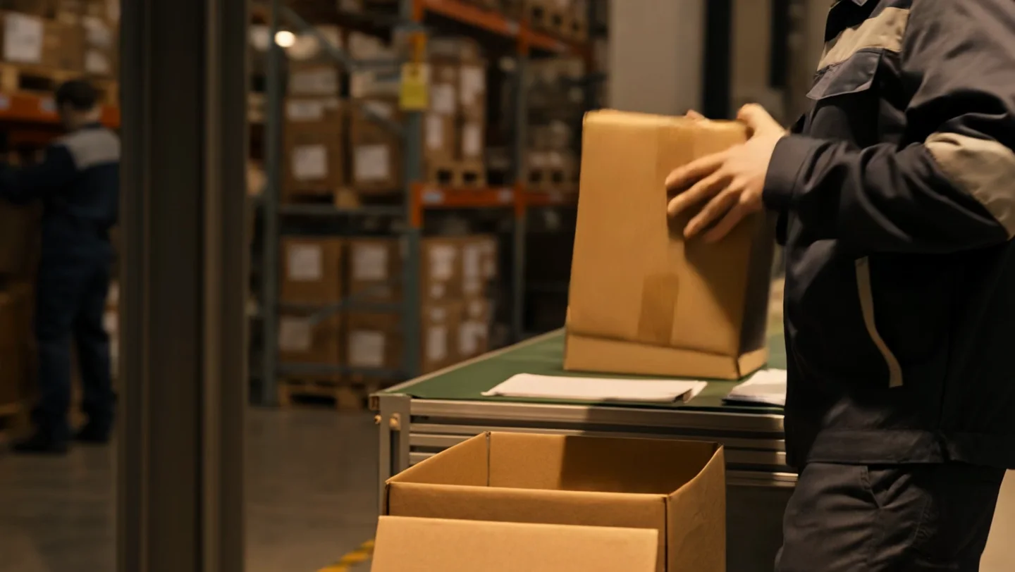 Illustrative e-commerce order packing at a fulfilment station