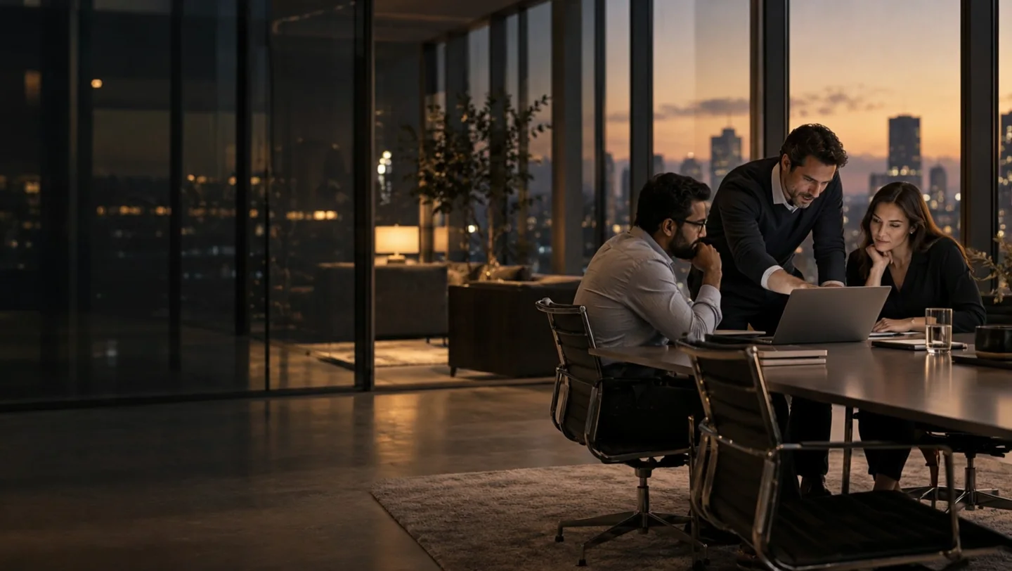 Illustrative consulting team collaborating around a laptop